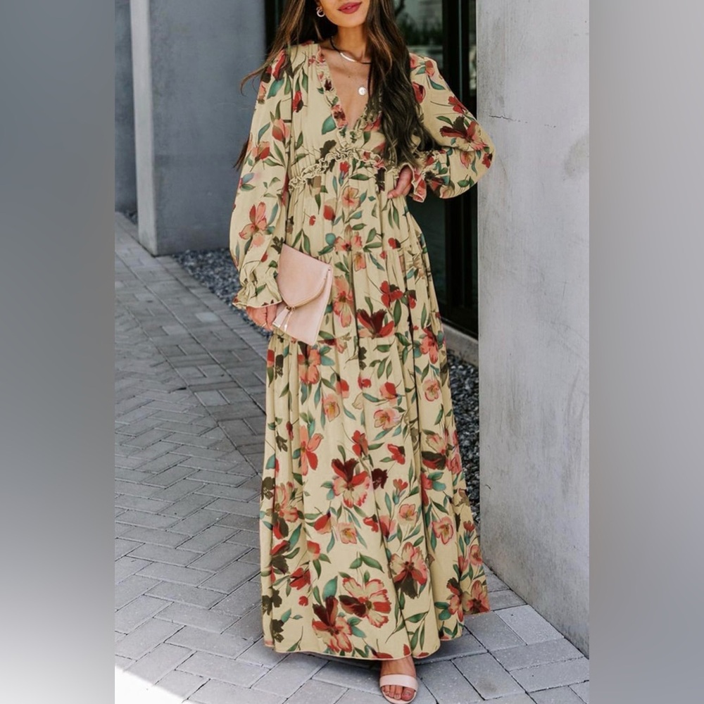 Stunning Floral Maxi Dress Plunging Neckline Ruffle Details Sz M Bohemian New #6